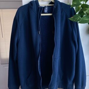 George Men's Dark Blue Navy Faux Sherpa Lined Hoodie Hooded Jacket Sweater